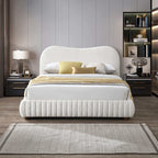 Queen Size Upholstered Low Profile Platform Bed with Boucle Fabric – Cream