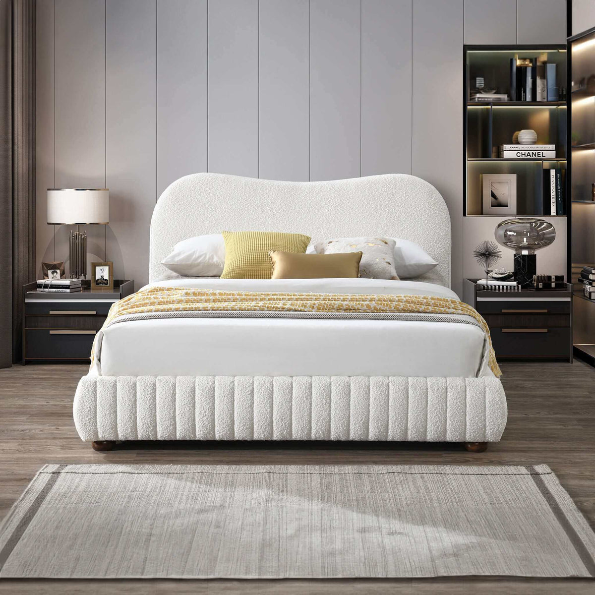 Queen Size Upholstered Low Profile Platform Bed with Boucle Fabric – Cream