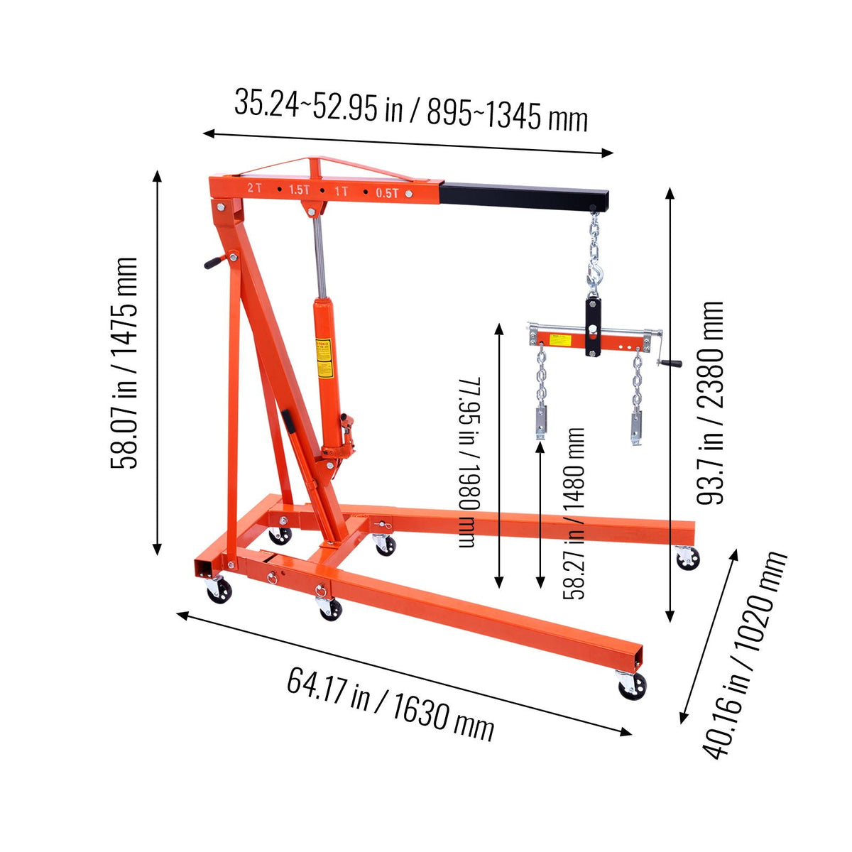 2 Ton Hydraulic Engine Hoist with Foldable Design - Orange