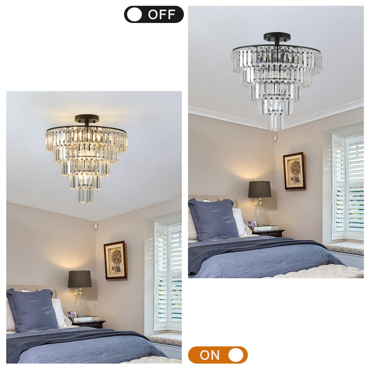 20-Inch Black Crystal Chandelier with K9 Crystals - Modern Flush Mount - Black