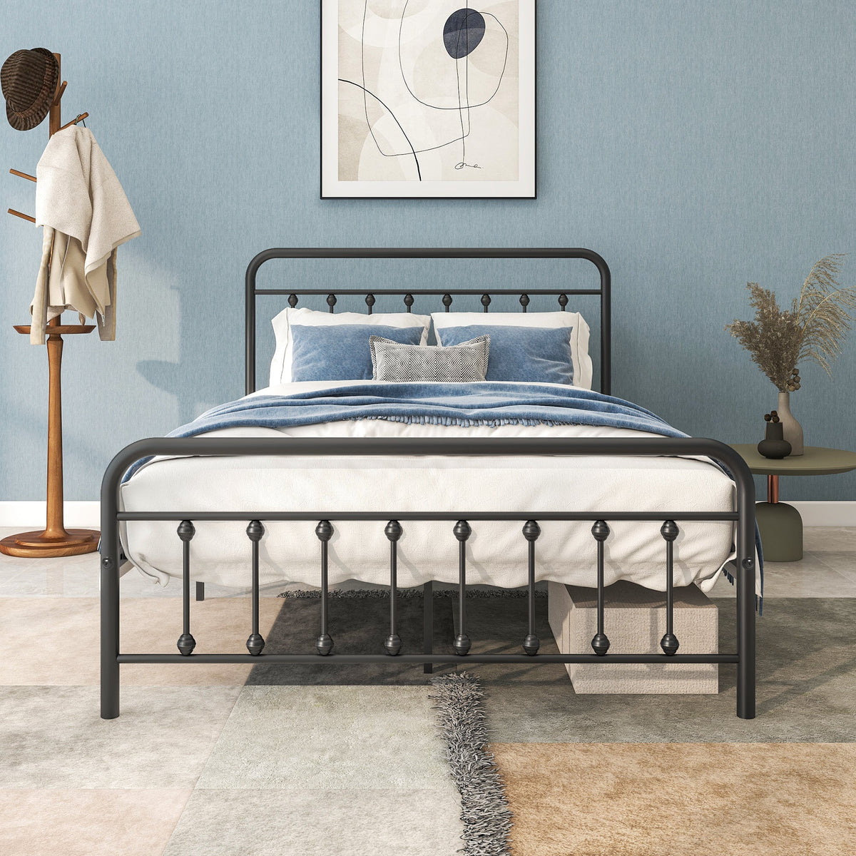 Victorian-Style Steel Bed Frame with Powder-Coated Finish - Black
