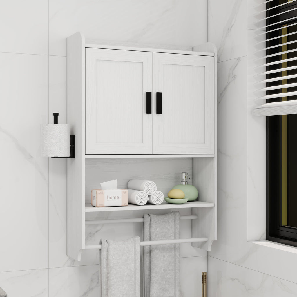 Bathroom Wall Cabinet with Adjustable Shelf and Towel Bar - White