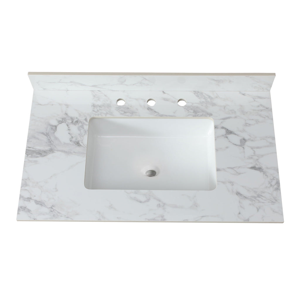 Elegant Sintered Stone Bathroom Vanity Top with Rectangular Undermount Ceramic Sink - White
