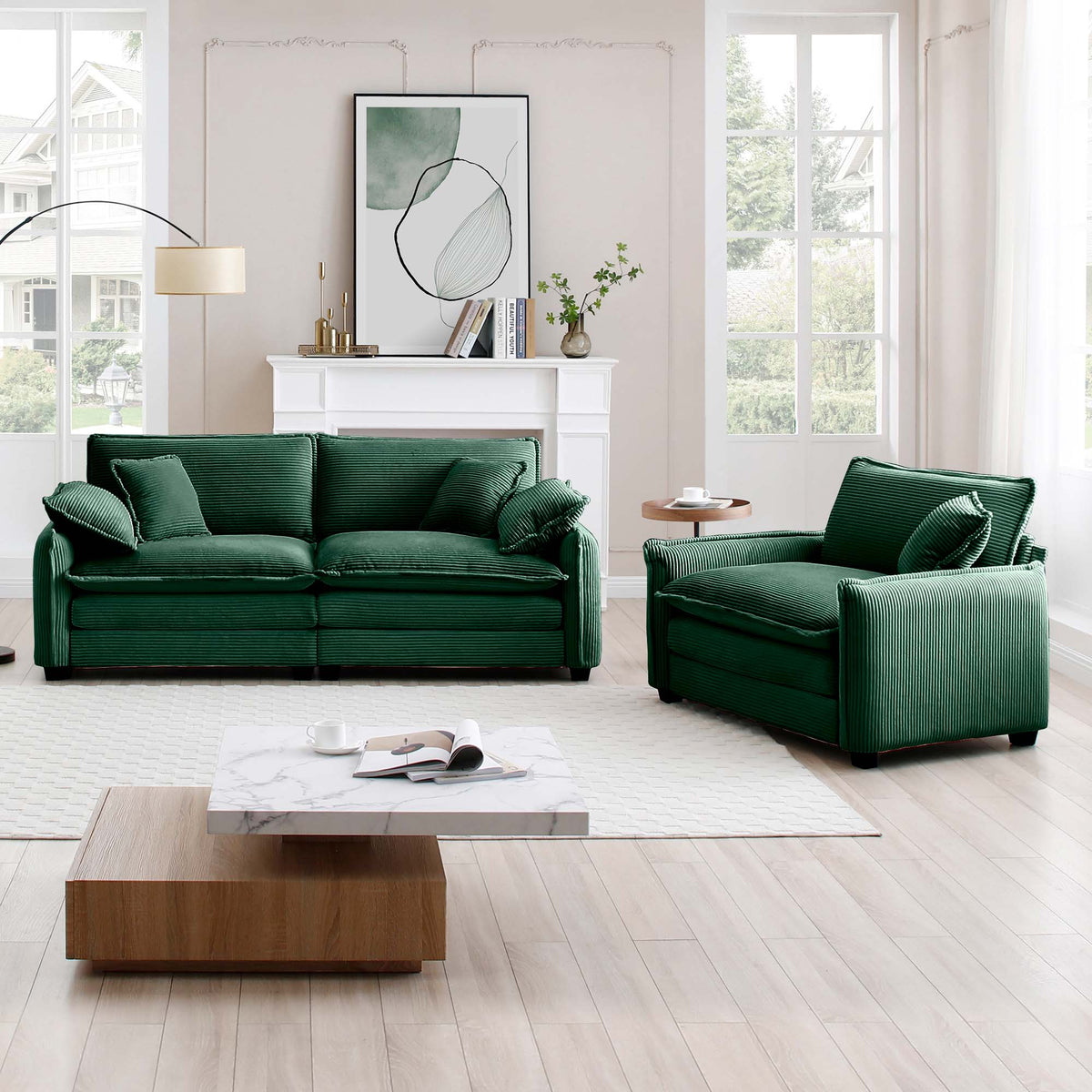 Modern Corduroy Sofa Set with Two Pieces - Grey or Green