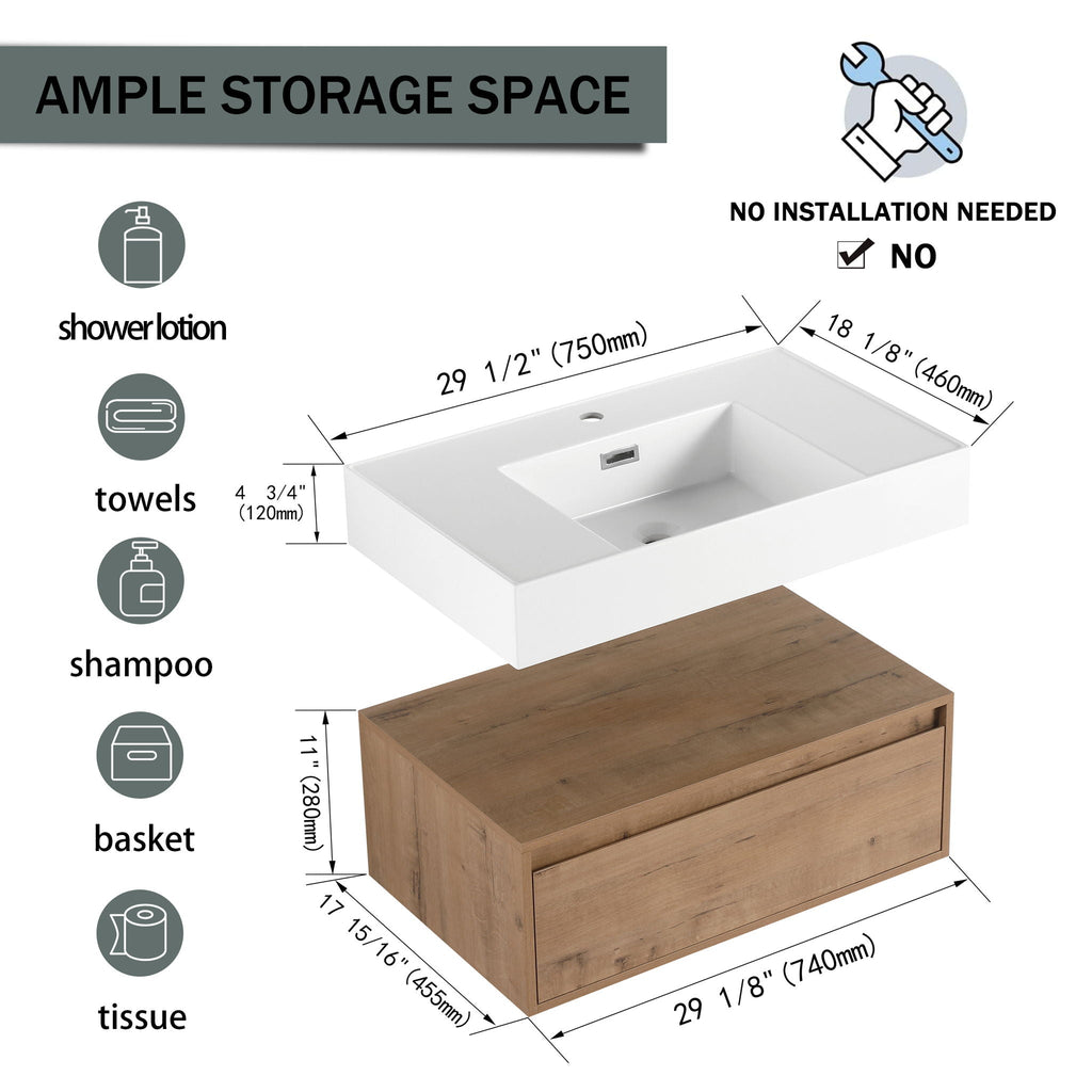 Wall Mounted Bathroom Vanity with Resin Sink and Soft Close Drawer - Imitative Oak
