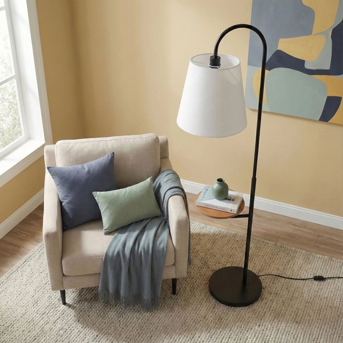 Seoul Floor Lamp With Rotary Switch Wood Table Base - Black / White