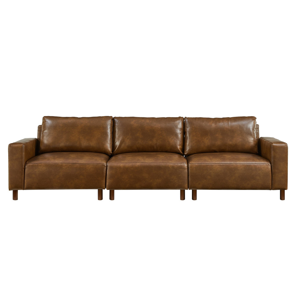 Luxury PU Leather Sofa 112" with Solid Wood Base - Brown