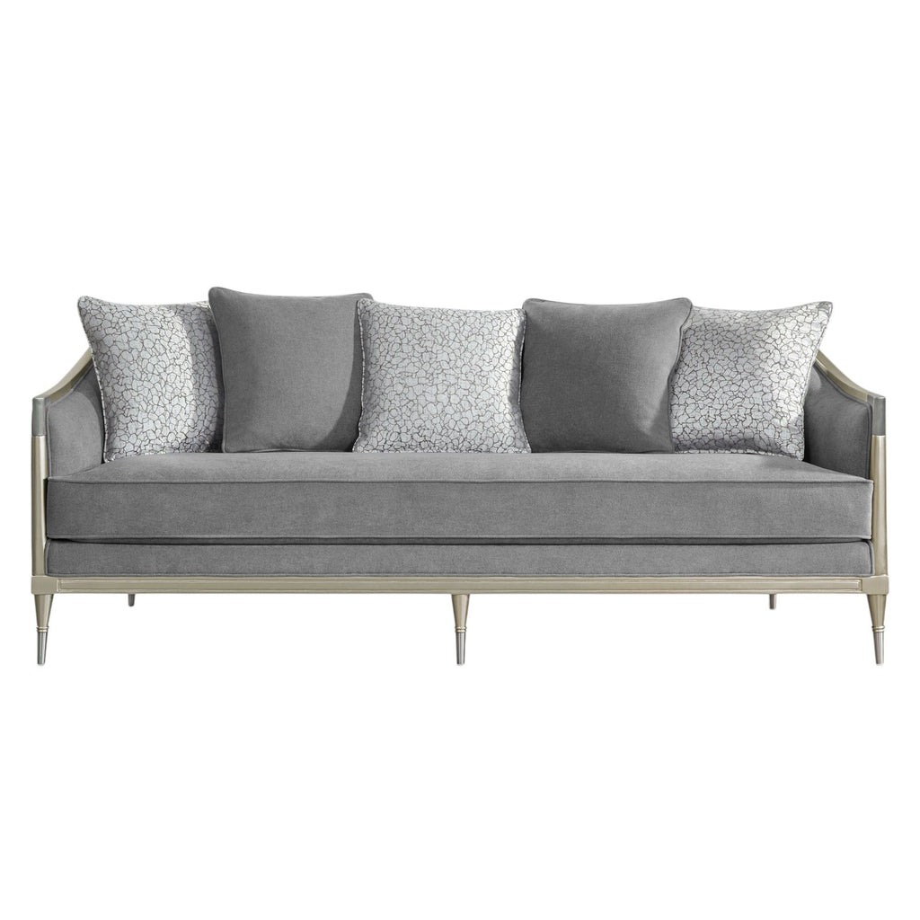 Champagne Gray Sofa with 5 Pillows and Modern Metal Legs