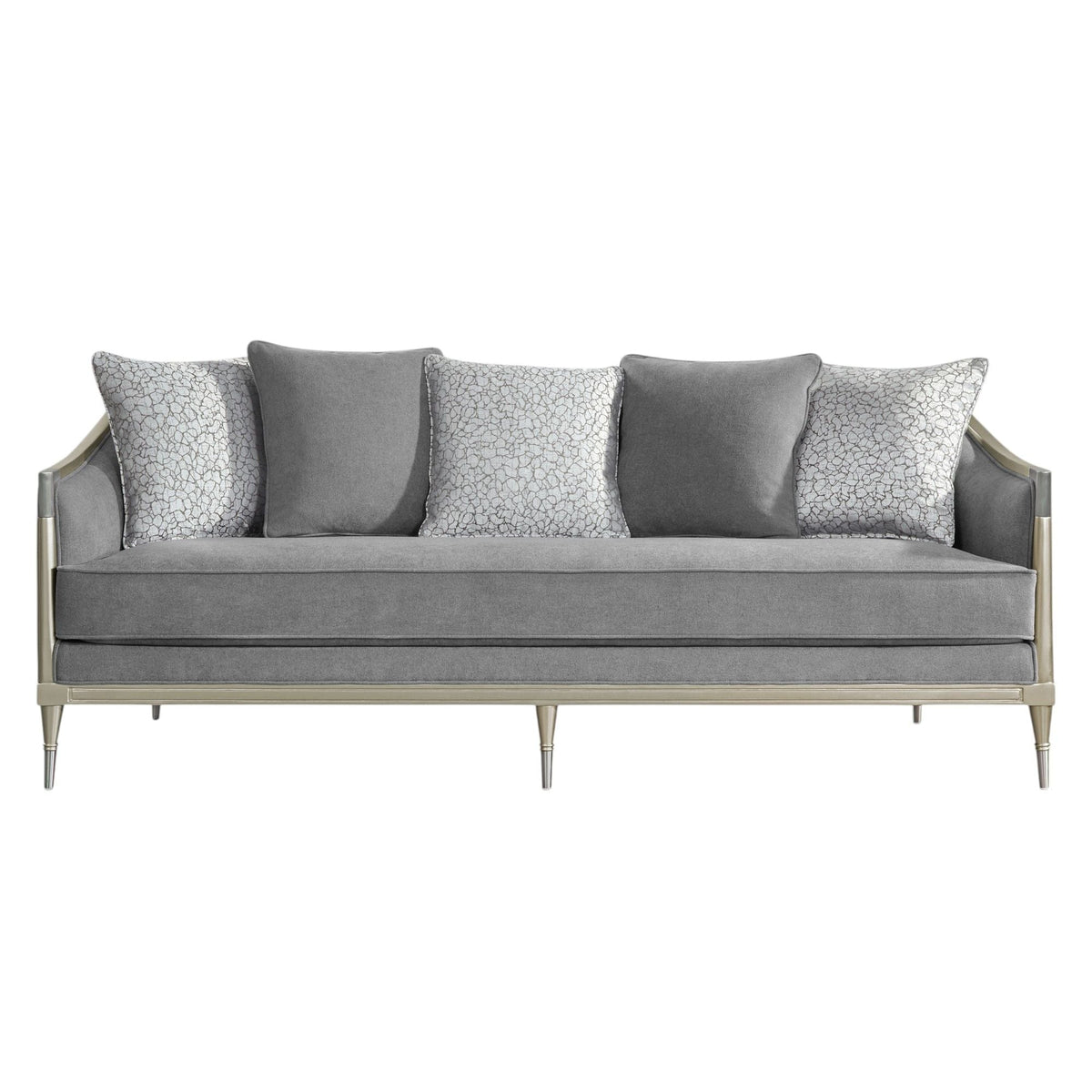 Champagne Gray Sofa with 5 Pillows and Modern Metal Legs