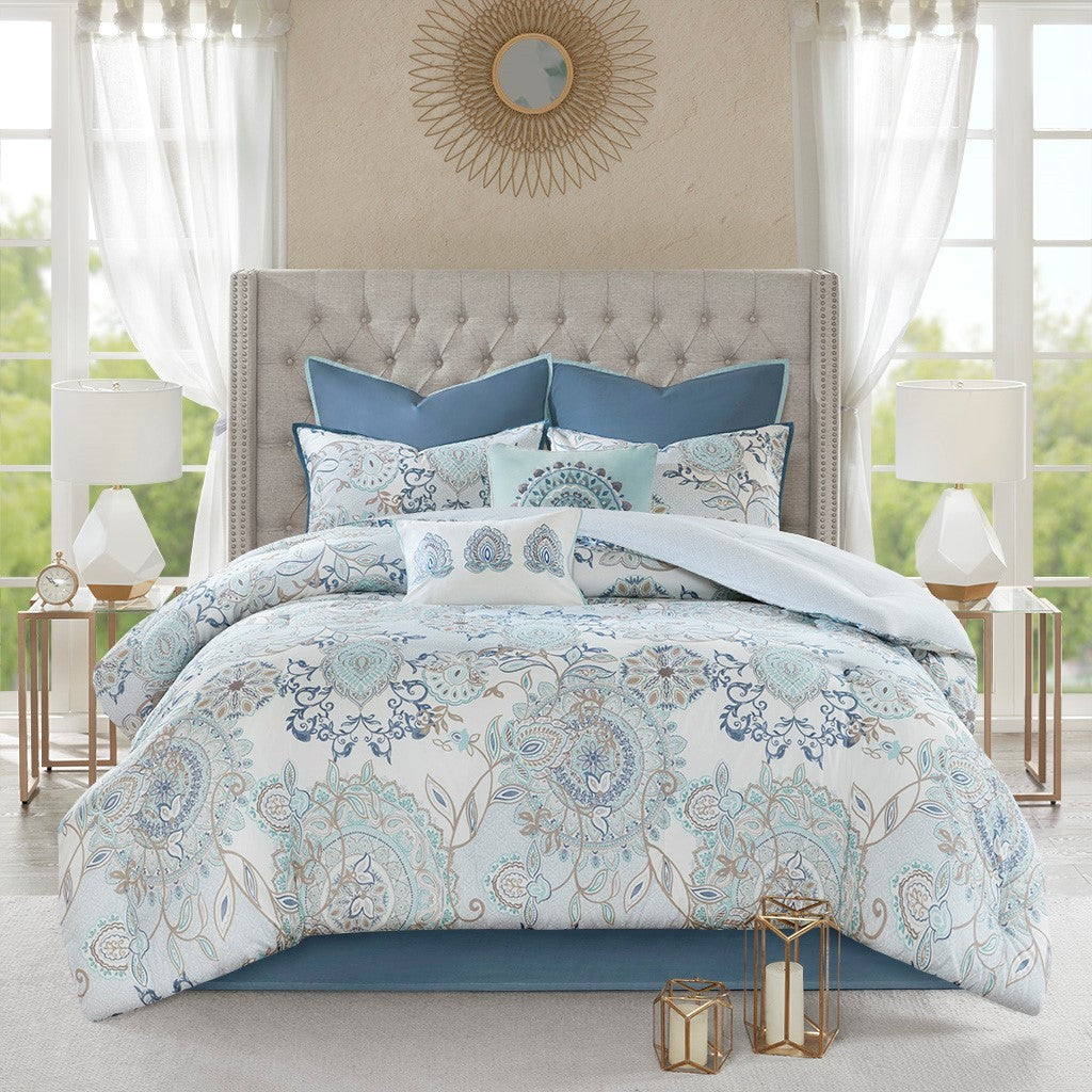 8 Piece Cotton Floral Reversible Comforter Set with Decorative Pillows - Blue