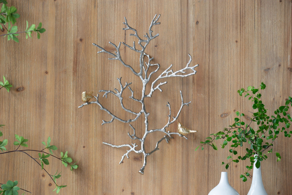 Metal Branch Wall Sculptures with Bird Accents - Silver Multi