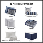 Navy 12 Piece Comforter Set with Cotton Bed Sheets - Queen, Paisley Jacquard
