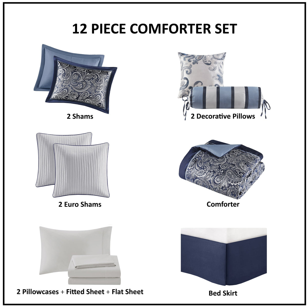 Navy 12 Piece Comforter Set with Cotton Bed Sheets - Queen, Paisley Jacquard