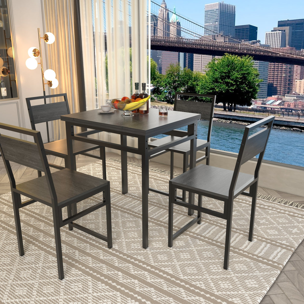 Extendable Dining Table Set with 4 Chairs – MDF and Metal