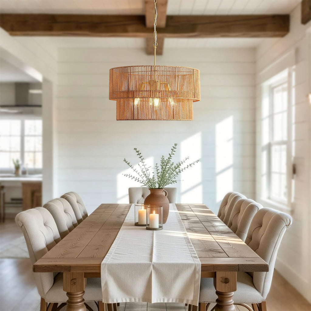 2 Tier Boho Wabi Sabi Chandelier with Handwoven Rattan Shade - Gold