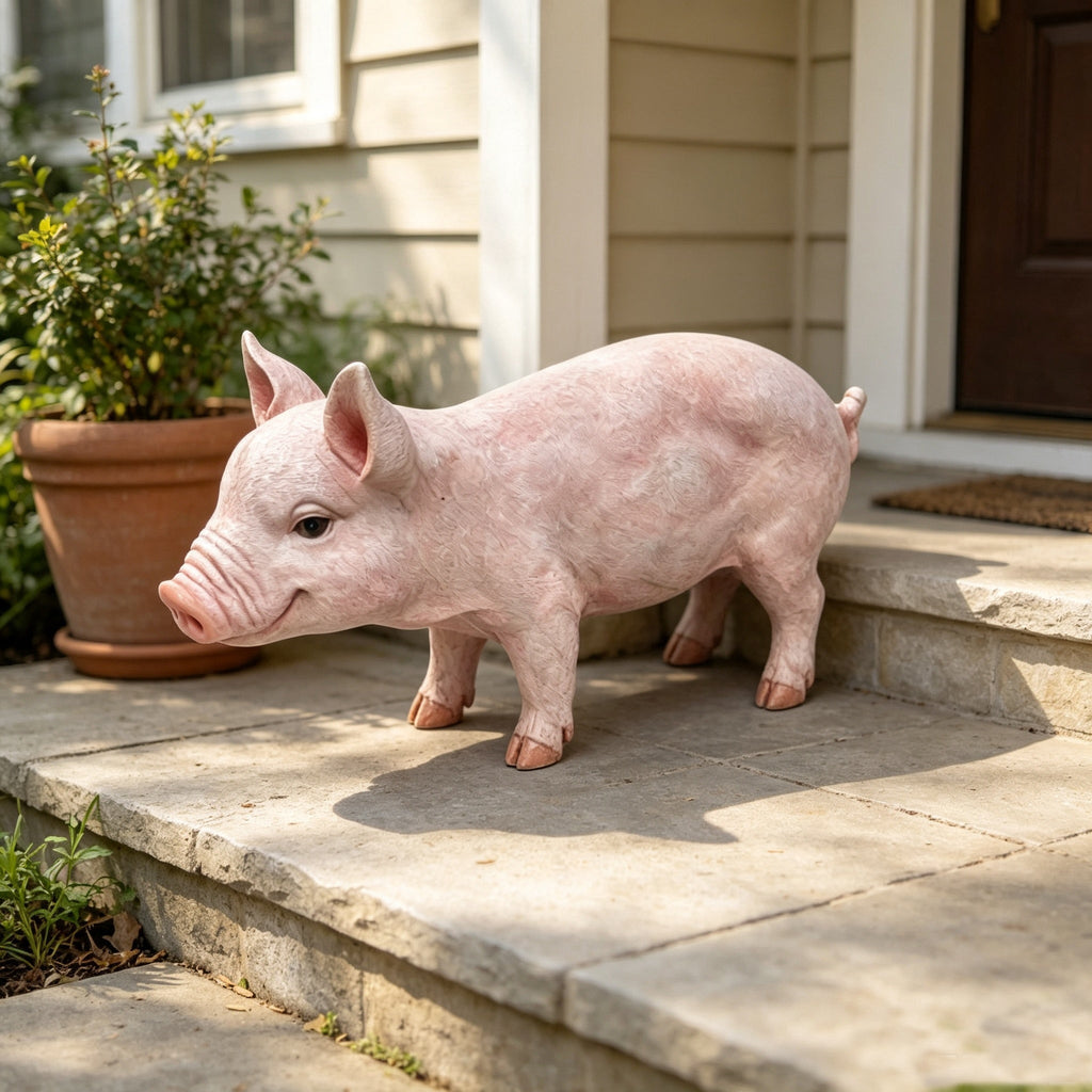 Cheerful Beige Pig Garden Statue with Weather-Resistant Finish - Beige