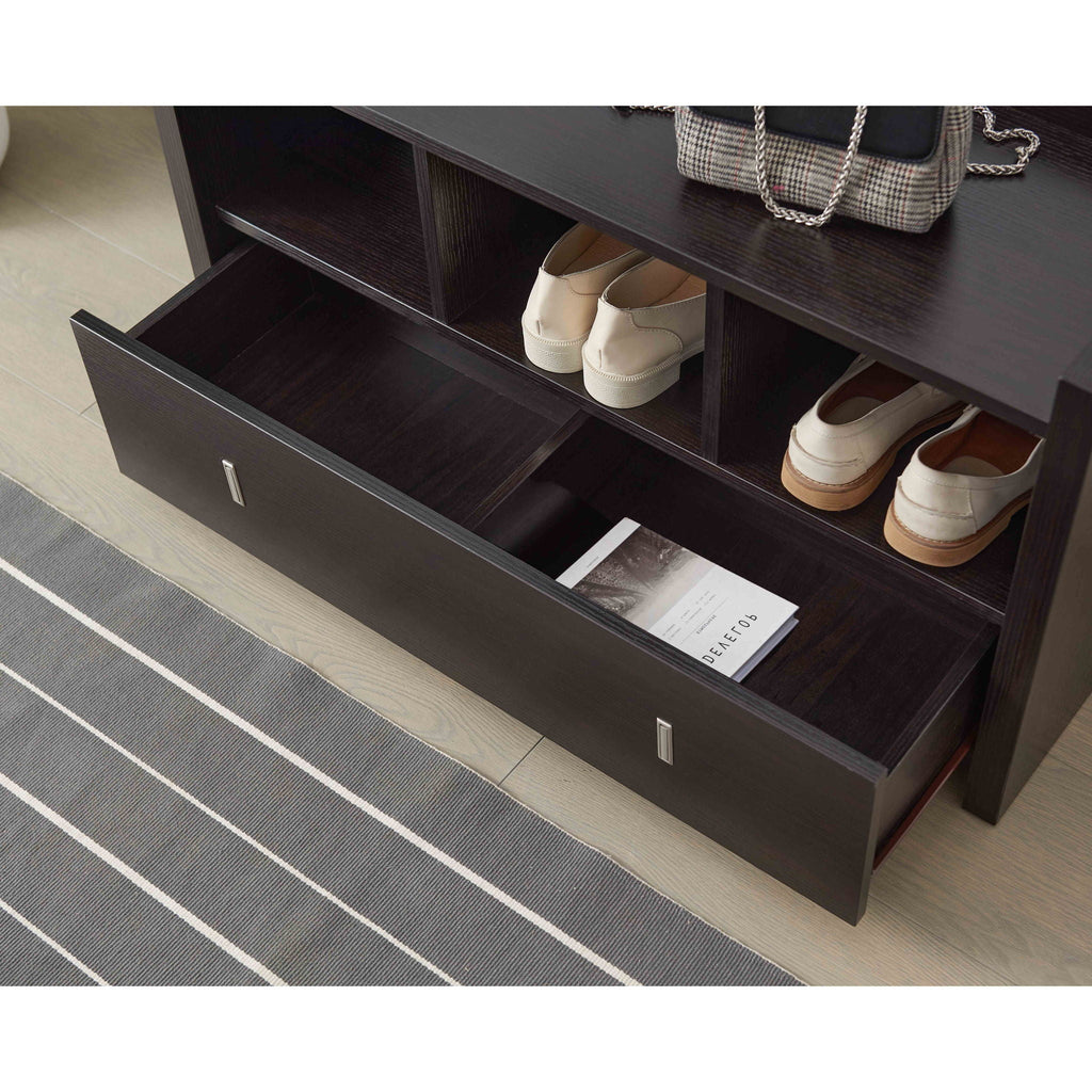 Dark Brown Shoe Entry Bench with Three Shelves and Drawer