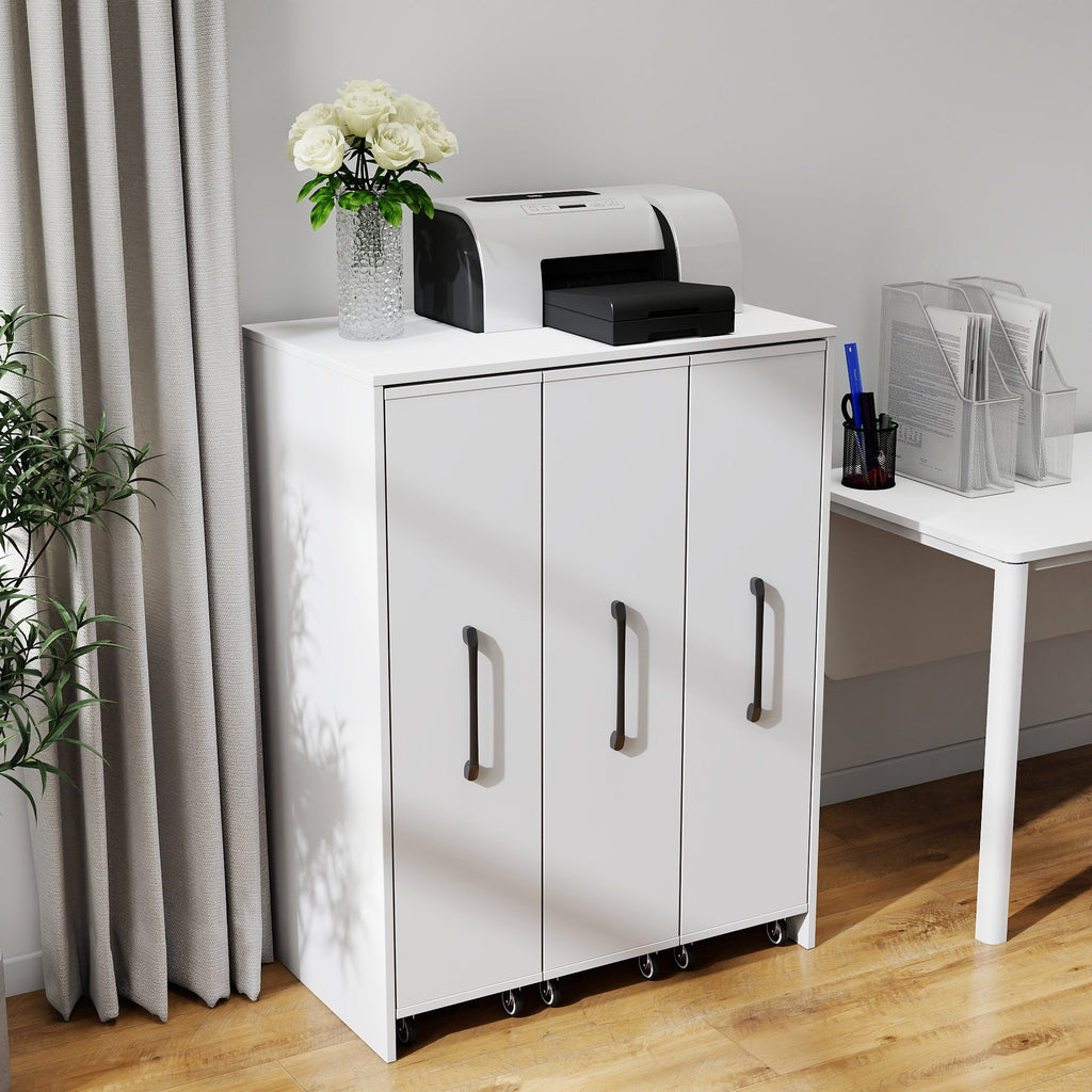 3 Tier Bookcase with Slide Out Doors and Wheels - White