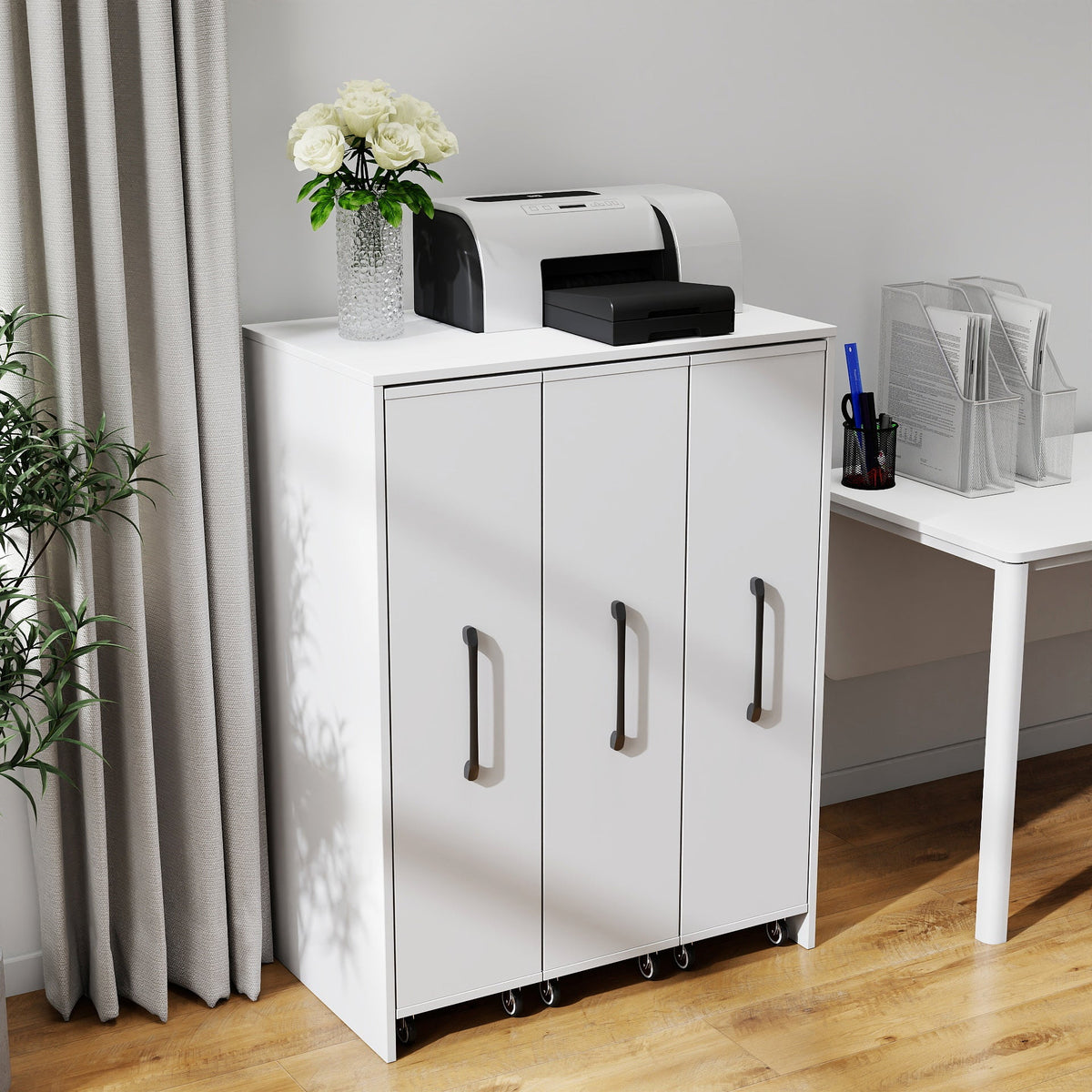 3 Tier Bookcase with Slide Out Doors and Wheels - White