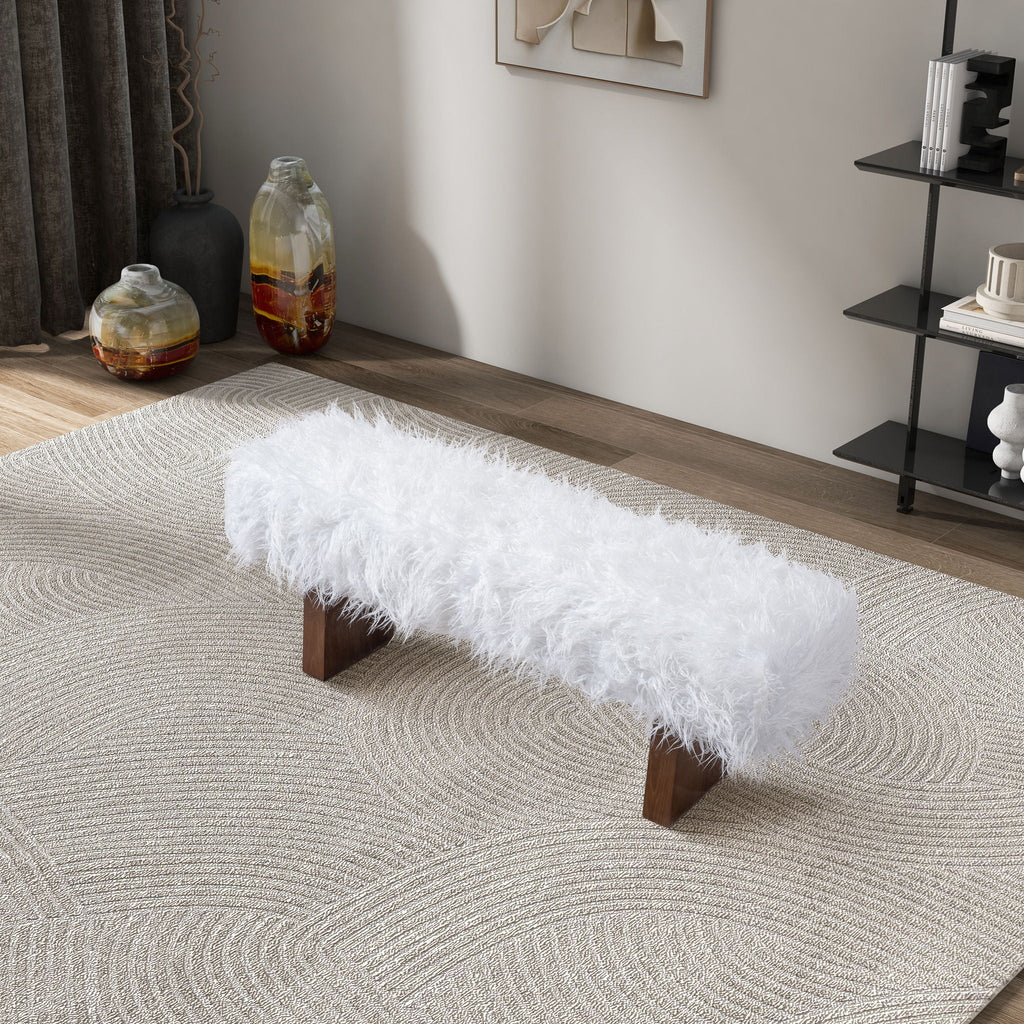 White Khaki Fur Bench with Walnut Frame - Upholstered Bench