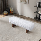 White Khaki Fur Bench with Walnut Frame - Upholstered Bench