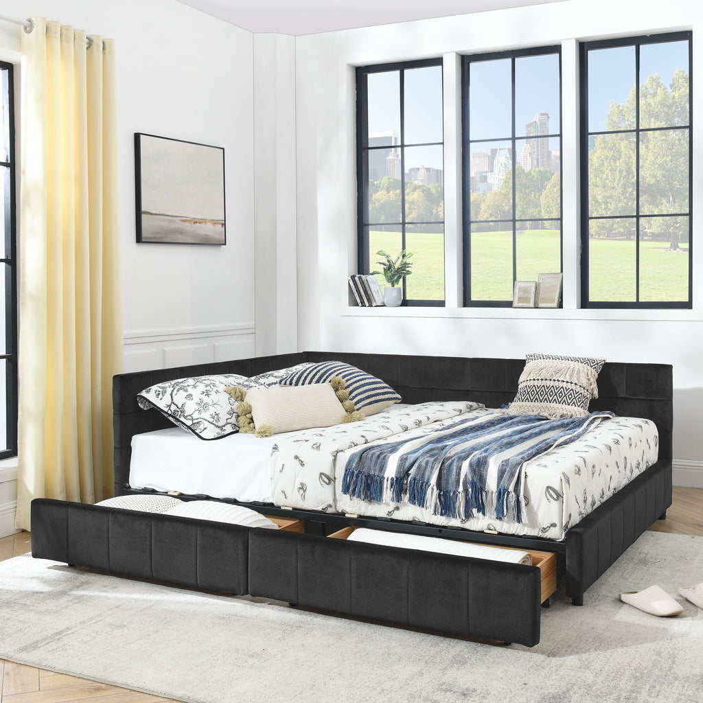 Mid-Century Storage Upholstered Tufted Bed Frame with Backrest and Armrests - Multiple Colors