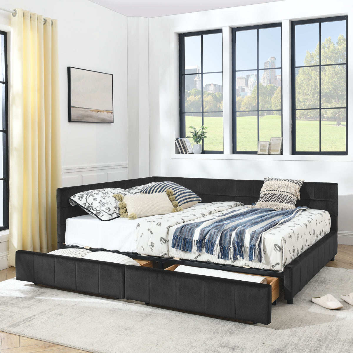 Mid-Century Storage Upholstered Tufted Bed Frame with Backrest and Armrests - Multiple Colors