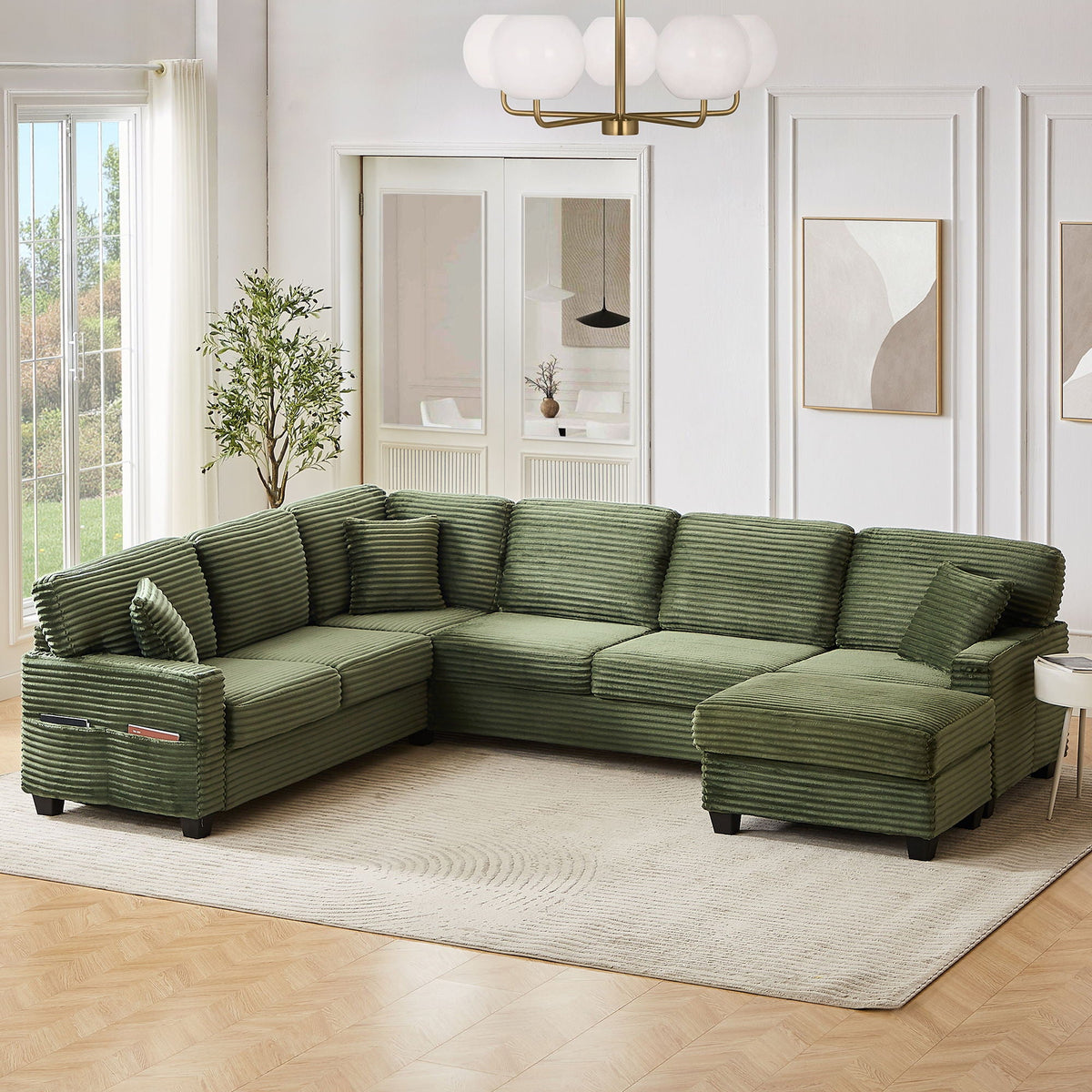 U-Shaped Upholstered Sectional Sofa with Movable Ottoman
