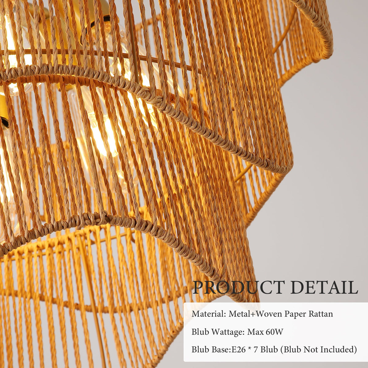 Handwoven Paper Rattan Boho Chandelier with 7-Light E26 Base - Natural