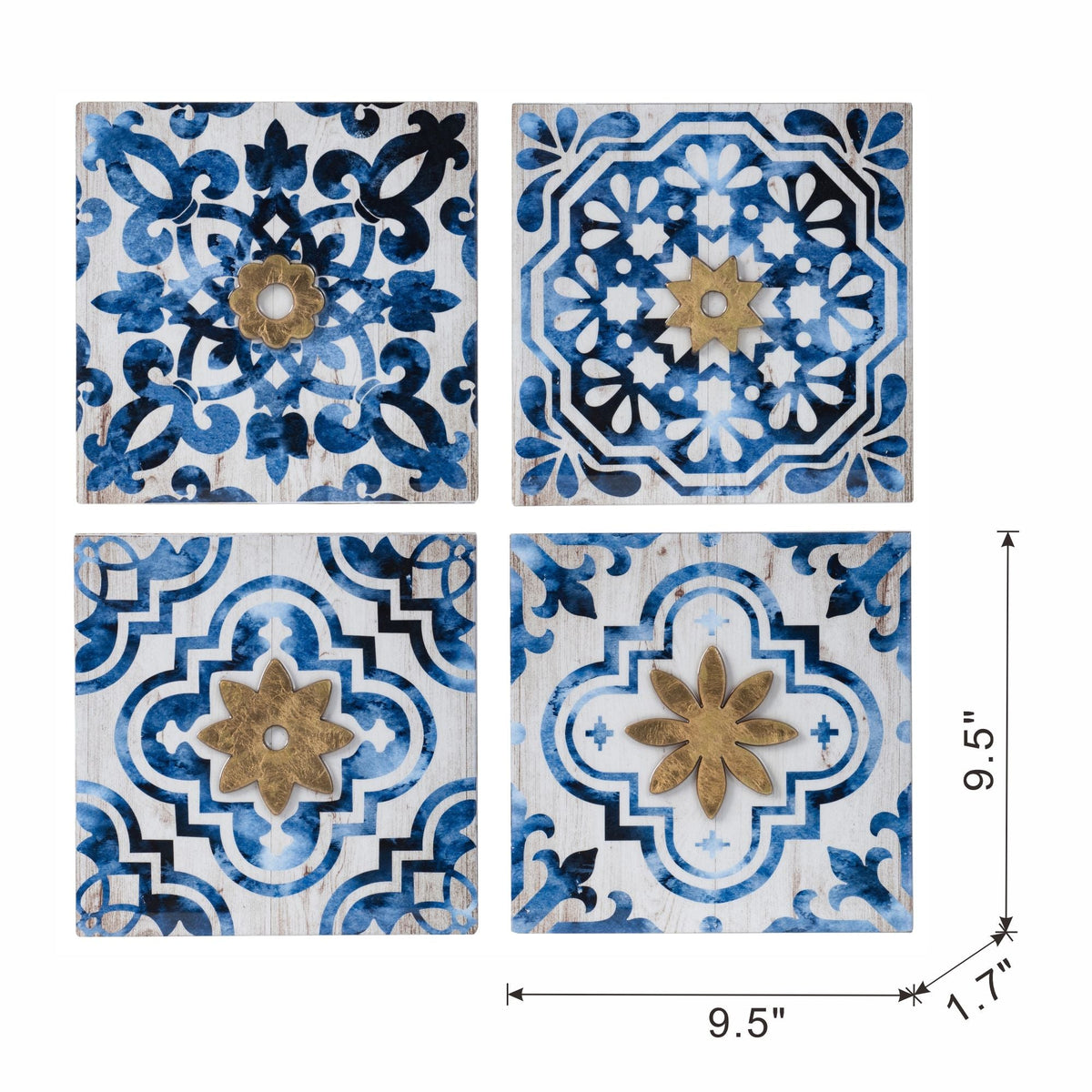 Abstract Wall Decor Accents Set with Fir Wood Frame - White / Blue