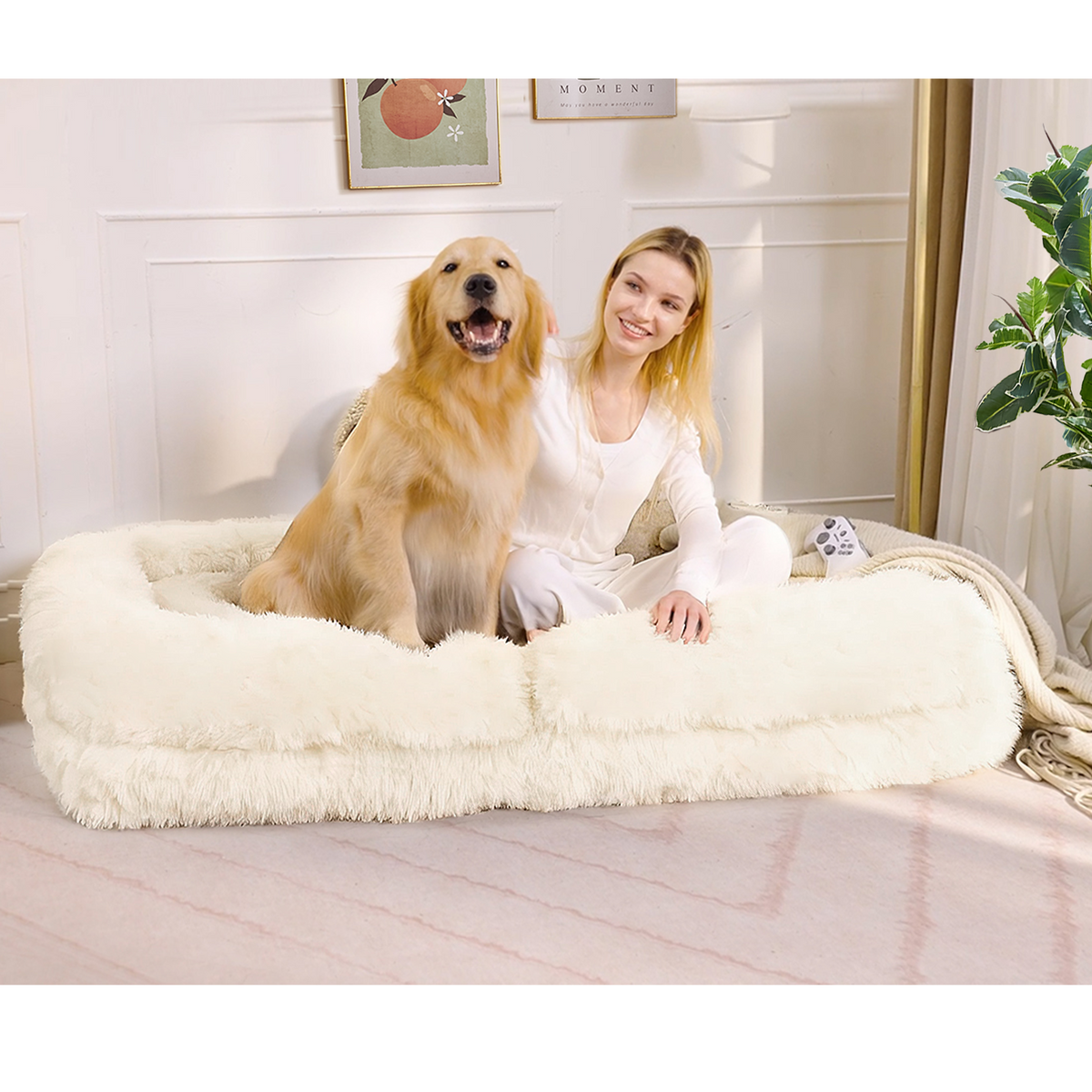 Beige Human Dog Bed & Lazy Sofa Chair with 5-Position Adjustable Backrest
