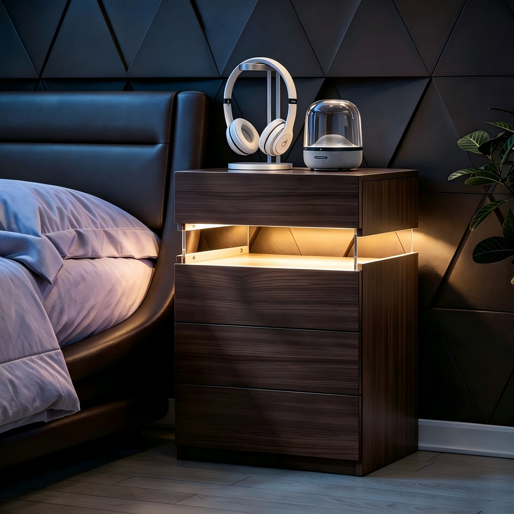 Modern Nightstand with LED Lights and 4 Drawers - White