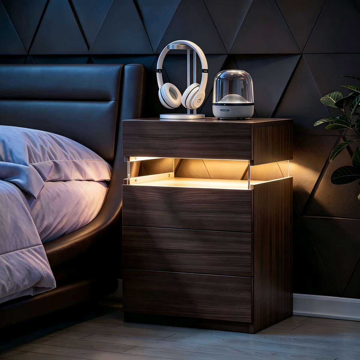 Modern Nightstand with LED Lights and 4 Drawers - White