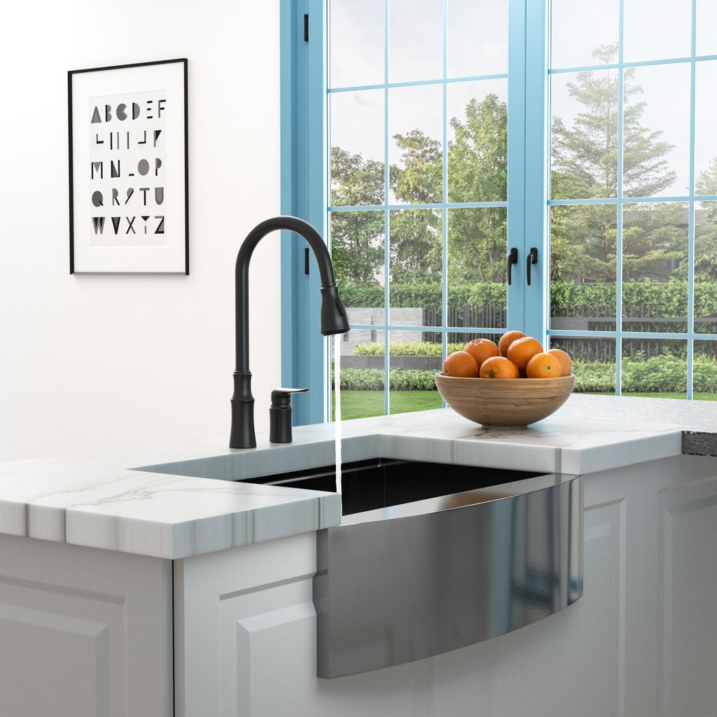 Matte Black Kitchen Sink Faucet with Pull Down Sprayer - Lead-Free Brass