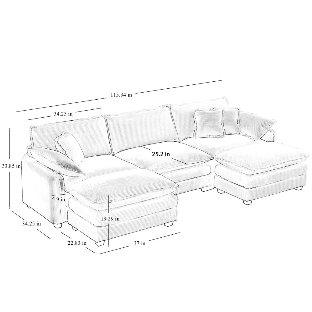 Oversized Modular Cushioned Sofa with Conversible Ottoman - Corduroy