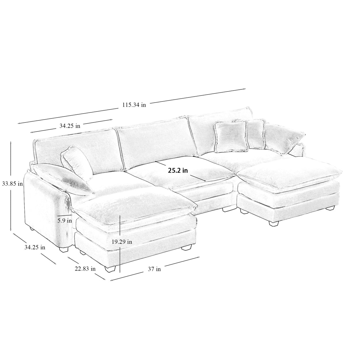 Oversized Modular Cushioned Sofa with Conversible Ottoman - Corduroy