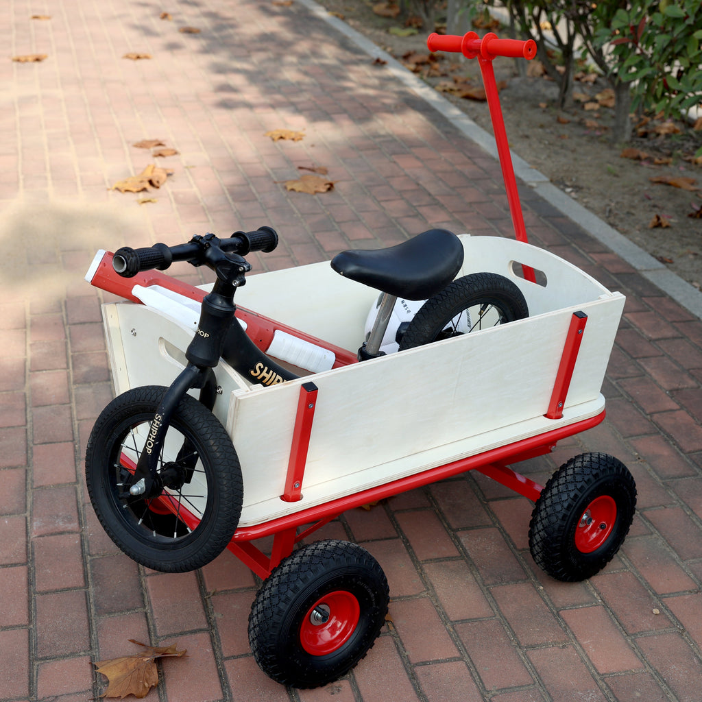 Wooden Carriage Outdoor Stroller with Four-Wheel Design - Natural Wood