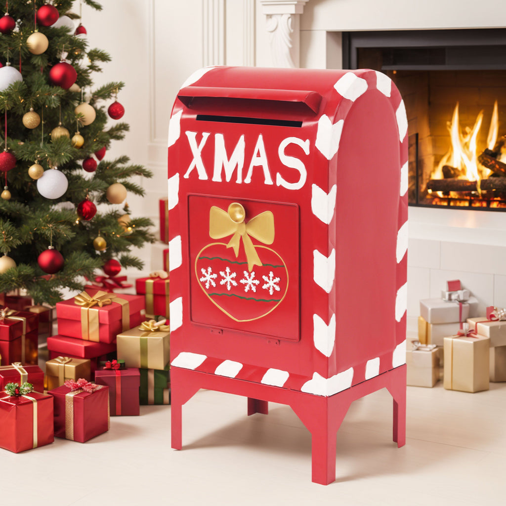 Red Iron Christmas Mailbox Decoration with Sturdy Iron Construction - Red