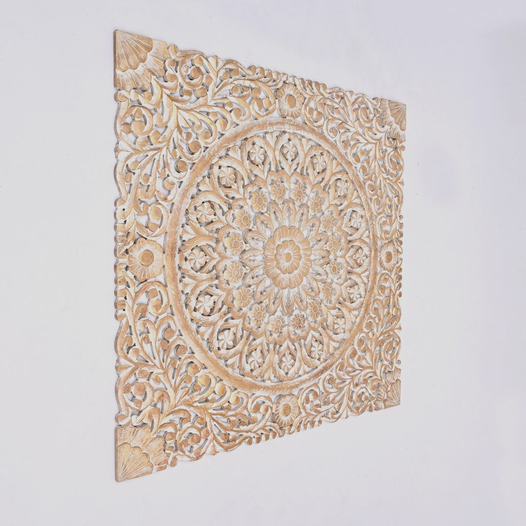 Floral Hand Carved Mandala Square Wall Decor with Spiritual Symbolism - Gold / White