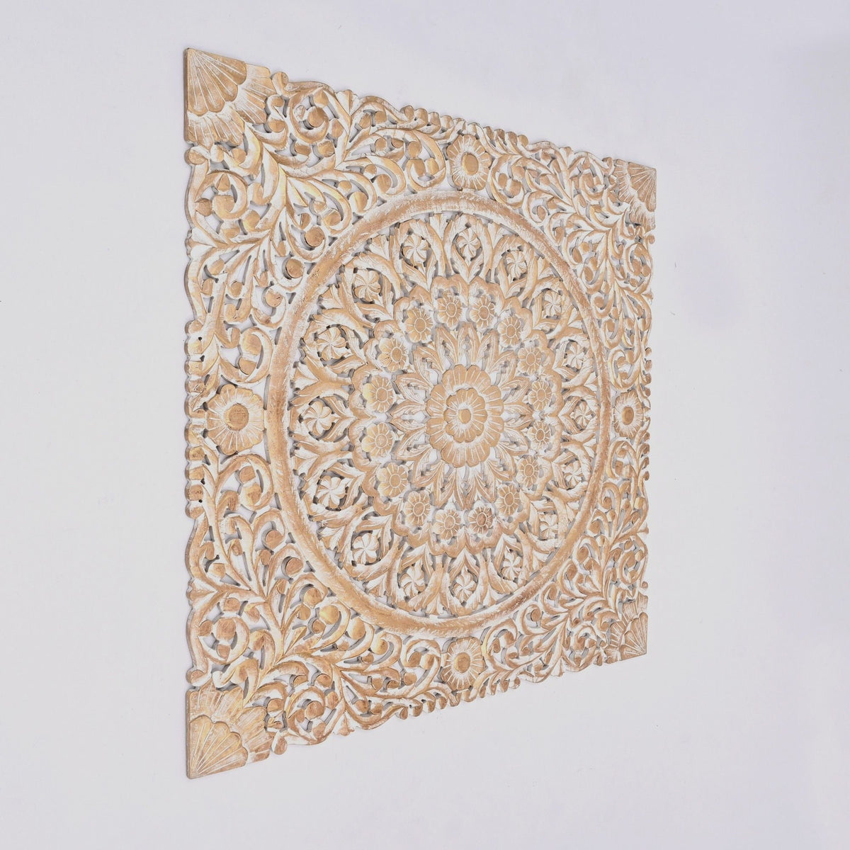 Floral Hand Carved Mandala Square Wall Decor with Spiritual Symbolism - Gold / White