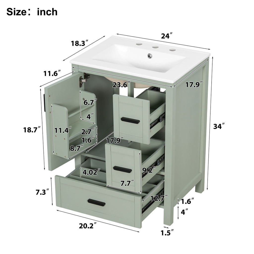 Bathroom Vanity with Sink, Soft-Close Doors & 3 Drawers - White, Black, Green