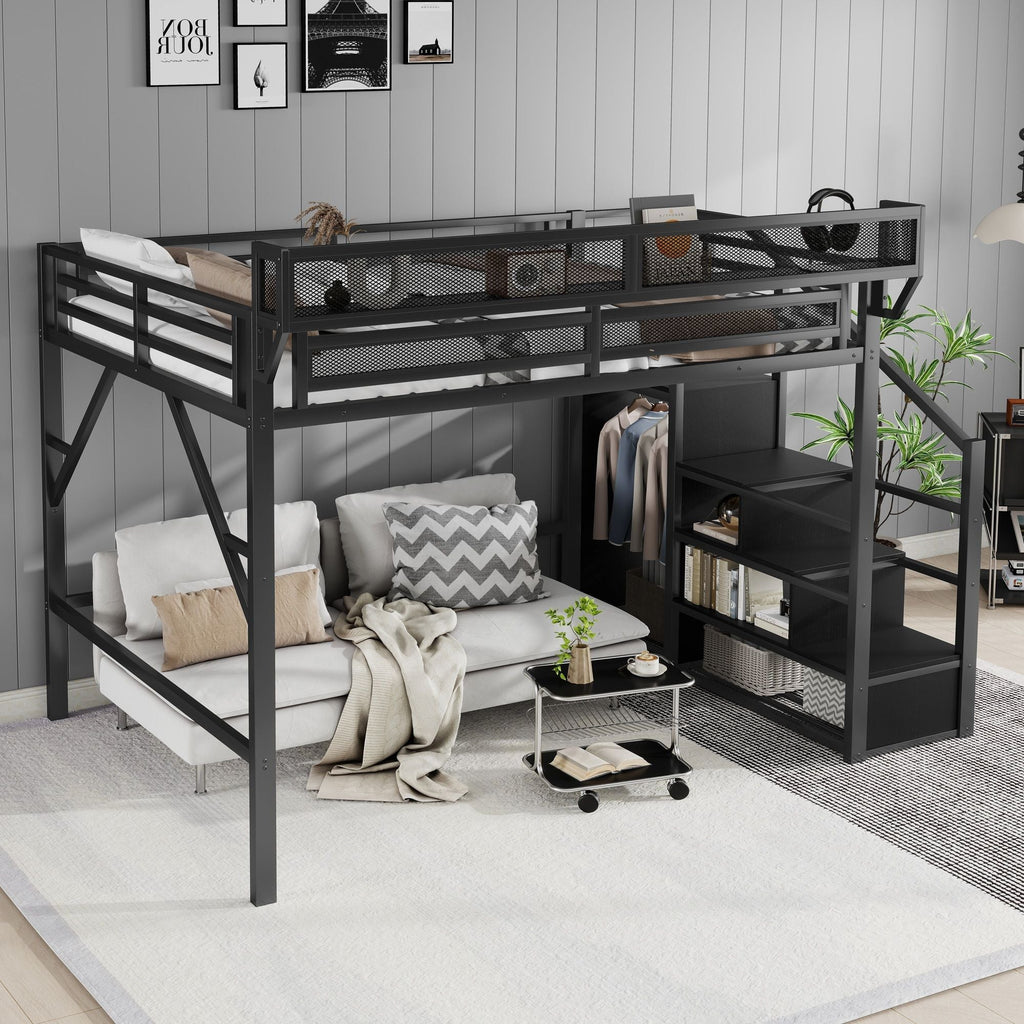 Queen Size Loft Bed with Stairs and Storage Shelves - Black