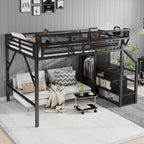 Queen Size Loft Bed with Stairs and Storage Shelves - Black