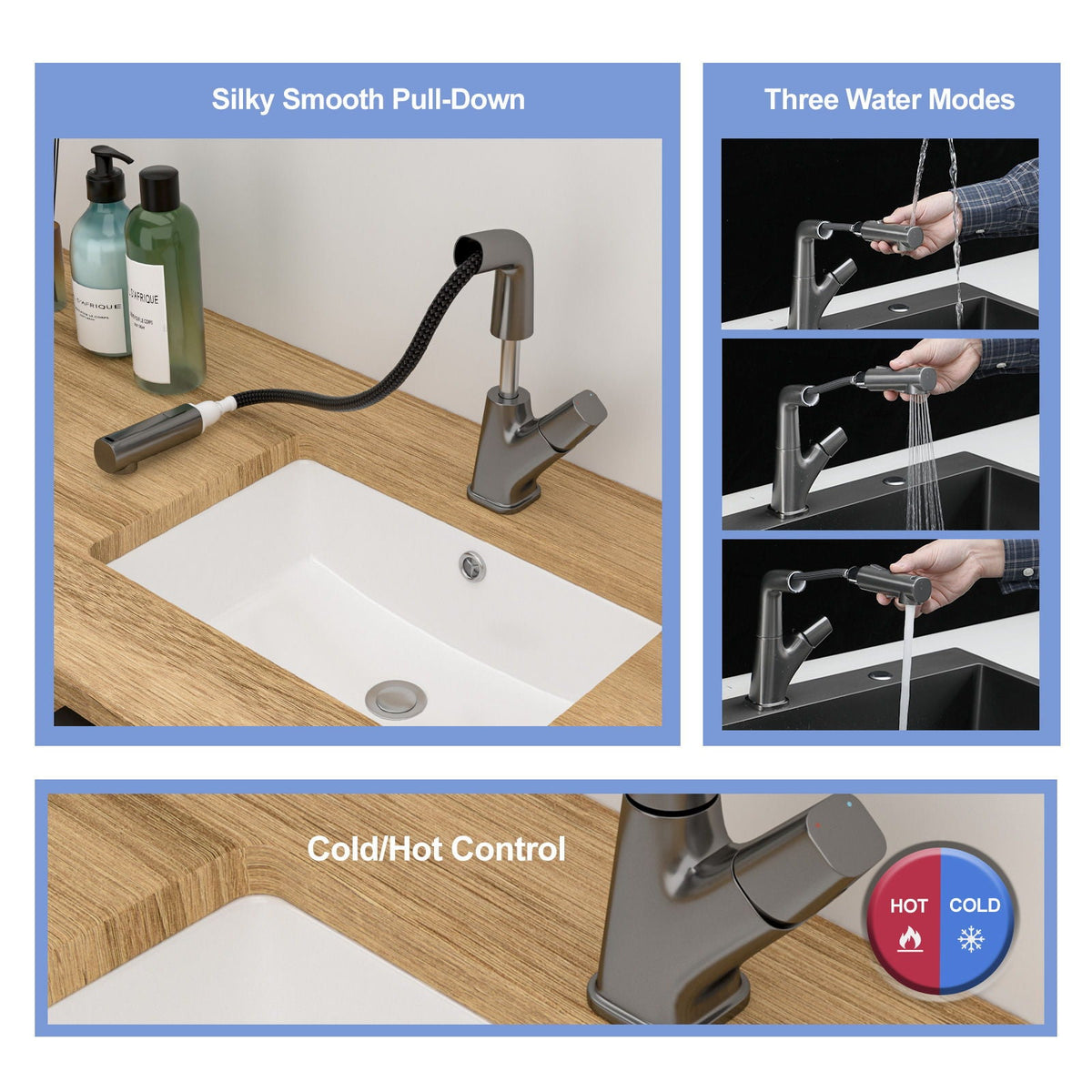 Pull Down Bathroom Sink Faucet with 3 Water Modes - Gunmetal Black