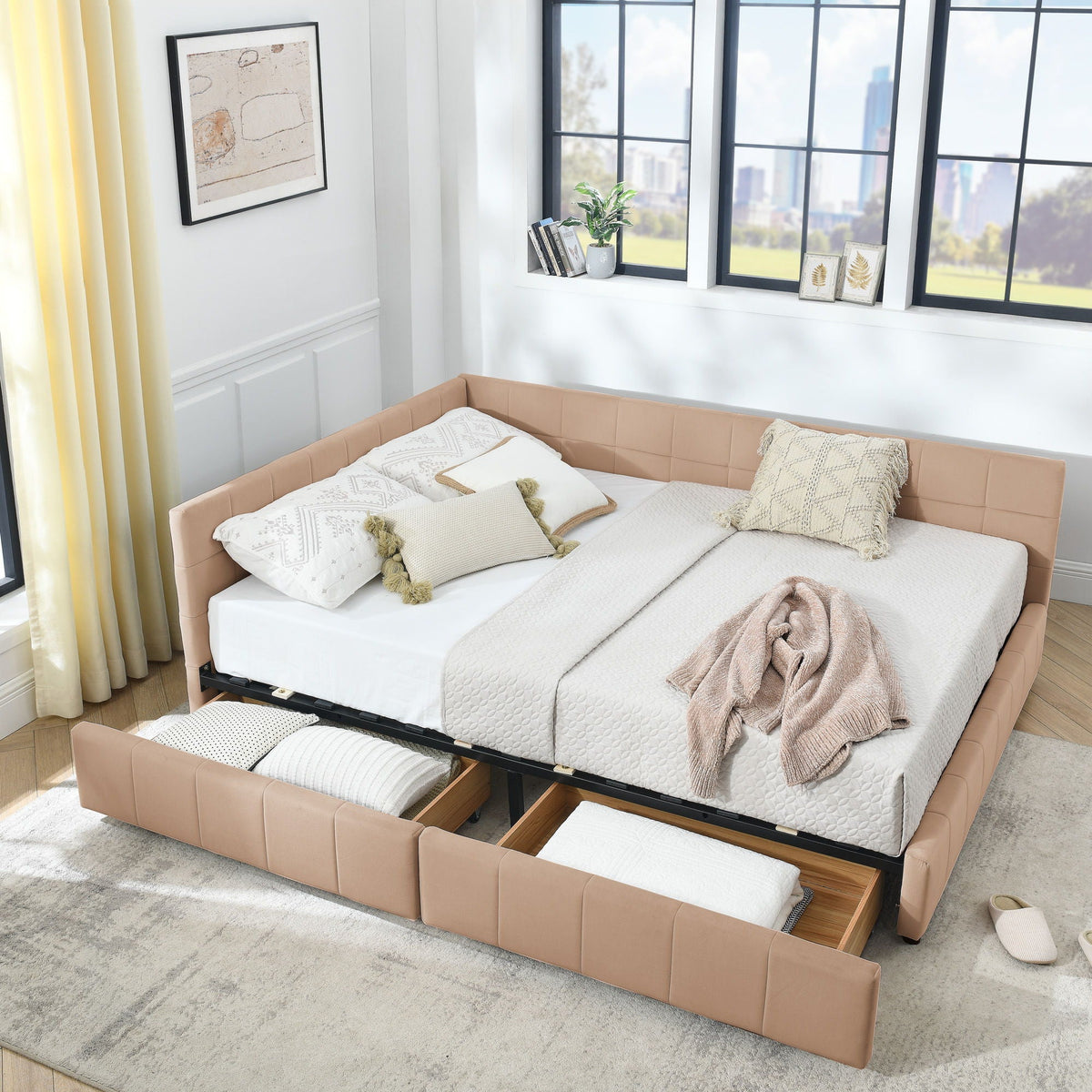 Mid-Century Storage Upholstered Tufted Bed Frame with Backrest and Armrests - Multiple Colors