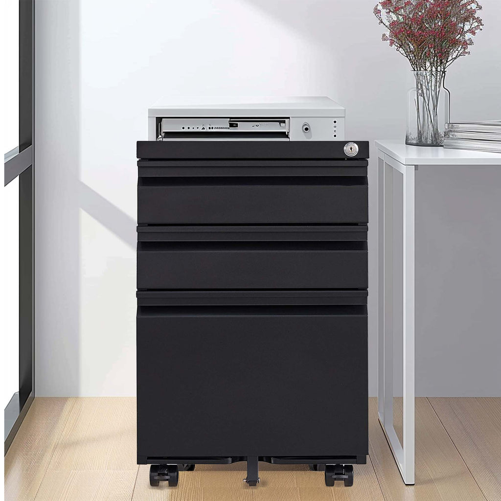 Metal Drawer Mobile File Cabinet with Lock for Secure Organization - White or Black