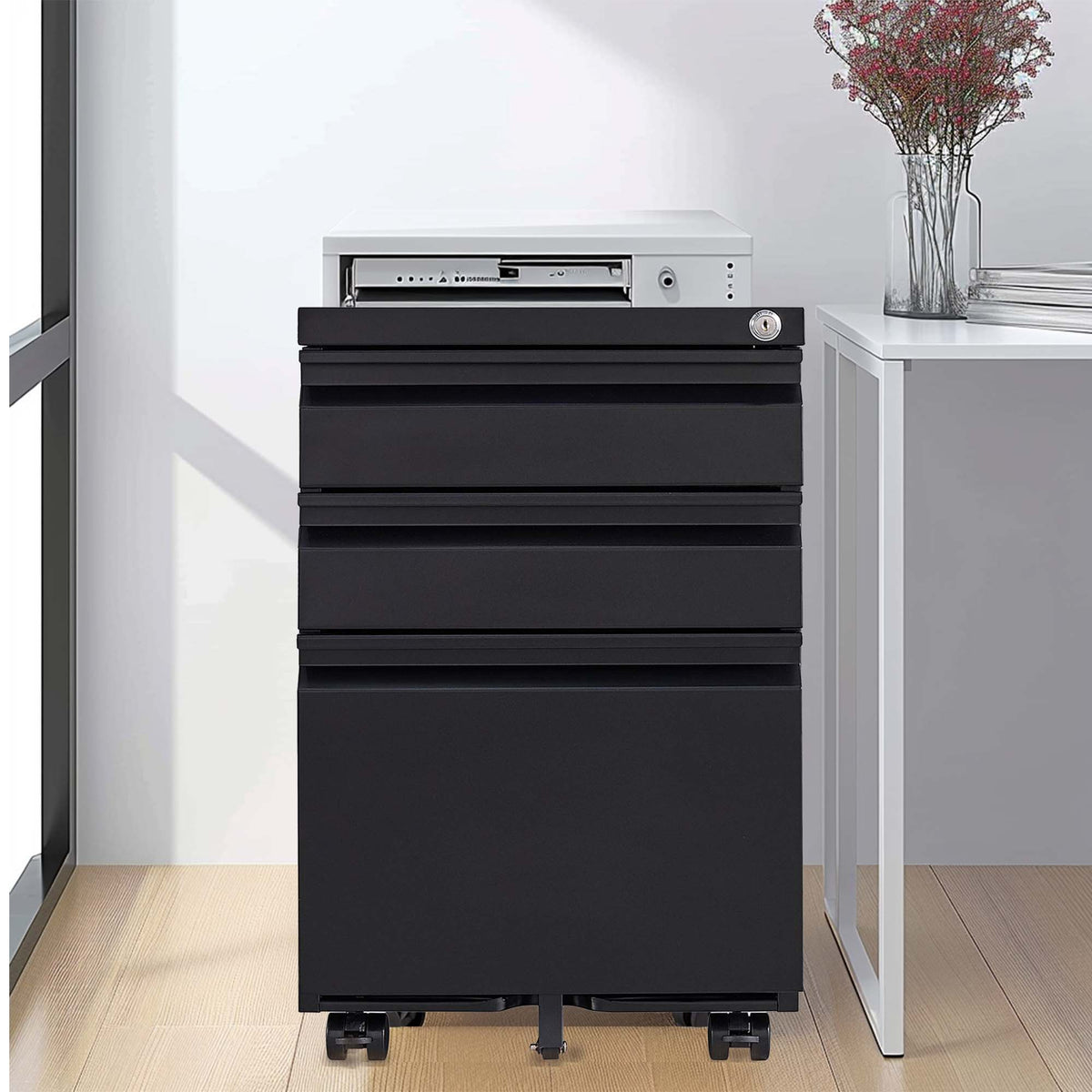 Metal Drawer Mobile File Cabinet with Lock for Secure Organization - White or Black