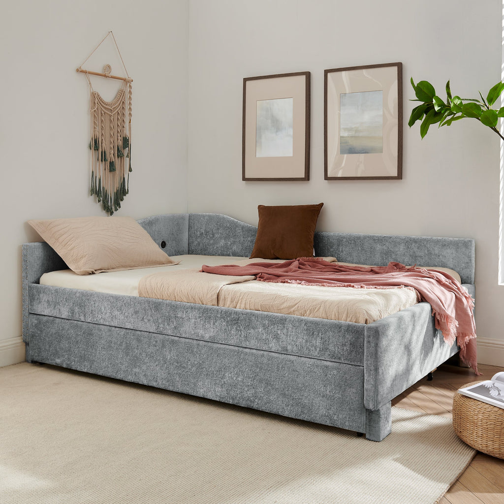 Full Size Curved Chenille Daybed with Trundle and USB Port