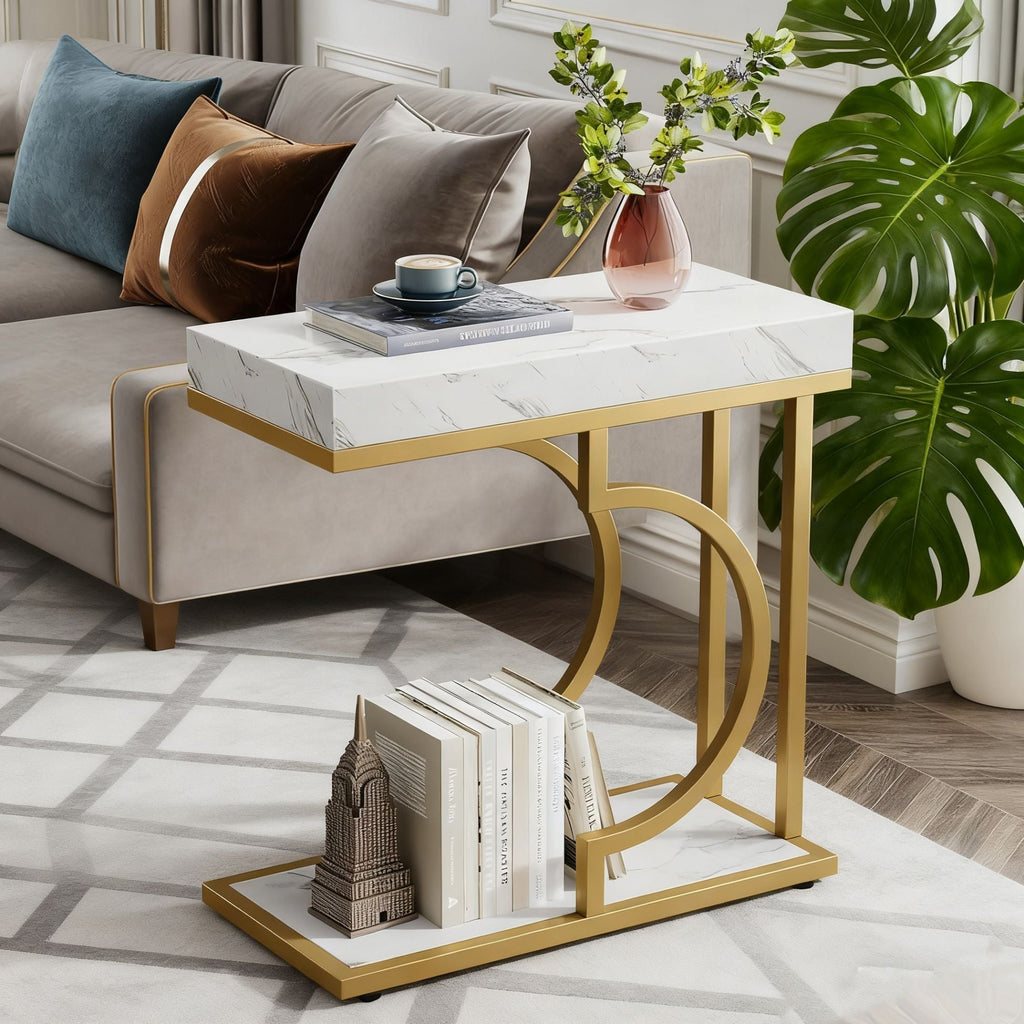C-Shaped Sofa Side Table with Faux Marble Top - White / Gold