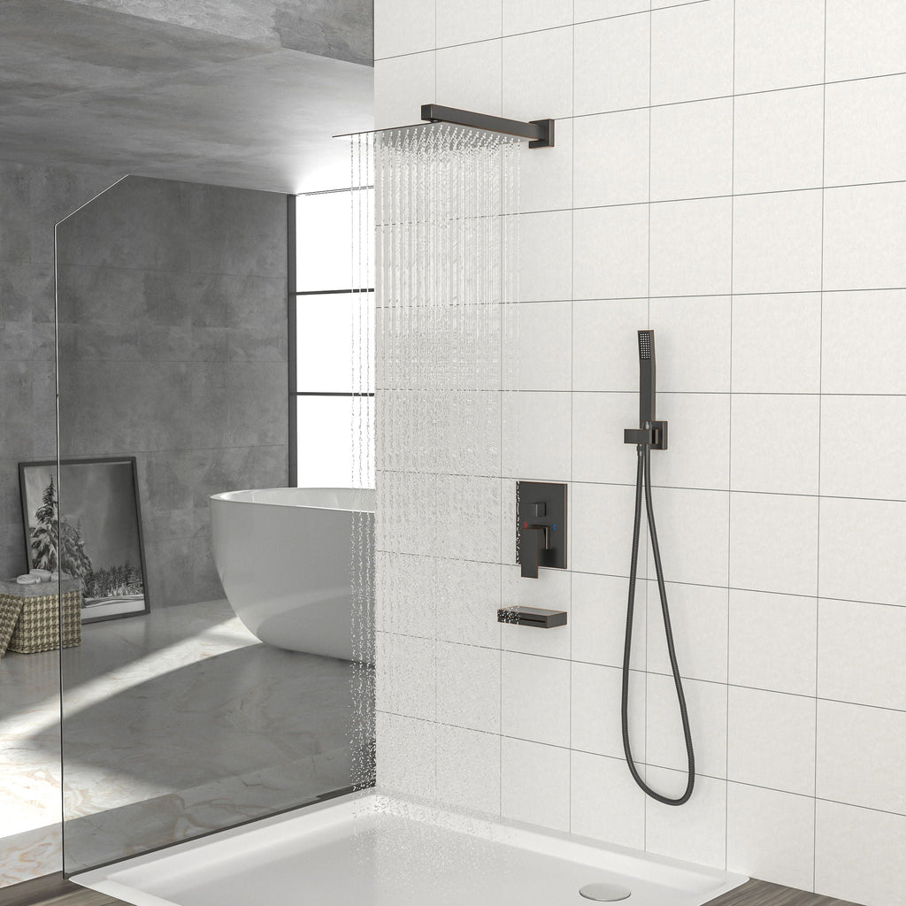 Square Shower System with Waterfall Tub Spout and Valve - Black